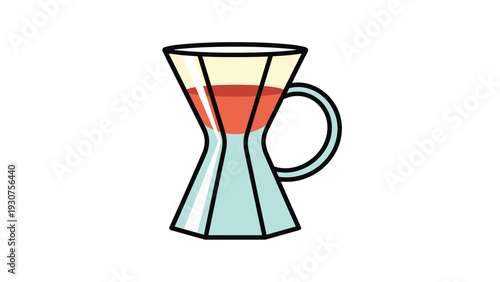 Stylized graphic of an hourglass shaped glass coffee maker with a handle and red liquid inside against a white background.