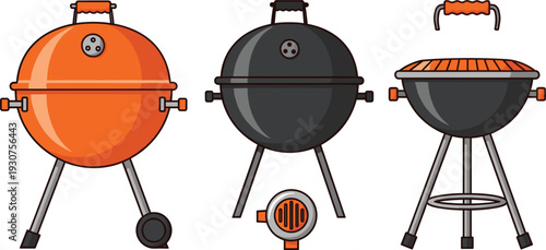 Outdoor BBQ Charcoal Grill Vector Illustration Set with Kettle Grill Icons Orange and Black Barbecue Cooker and Grilling Equipment