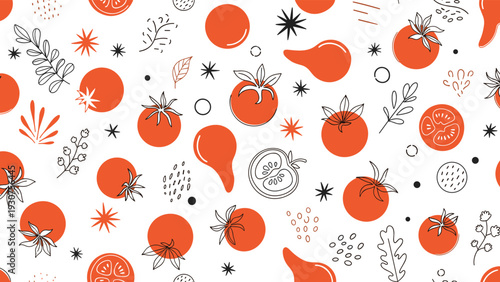 Seamless pattern of red tomatoes, tomato slices, green leaves, and abstract star shapes on a clean white background for textile design.