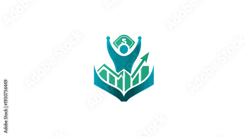 Vector illustration of financial success and business growth with triumphant person, dollar sign, upward arrow, and bar graphs.