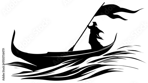 Epic journey silhouette: lone figure with flag in a small boat on stormy seas, vintage style monochrome illustration
