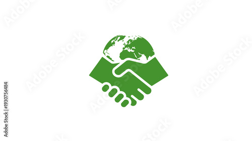 Green global partnership handshake icon representing environmental agreement, sustainability, and international collaboration.