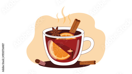 Cozy cup of hot mulled wine with an orange slice, cinnamon stick, and star anise served in a glass mug with steam rising above.
