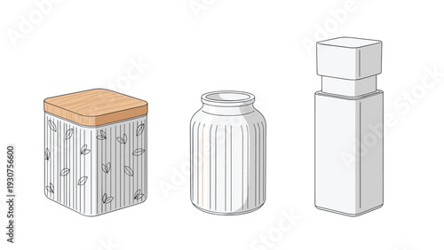 Three stylized containers including a patterned storage jar with a wood lid, a white glass jar, and a tall rectangular bottle.