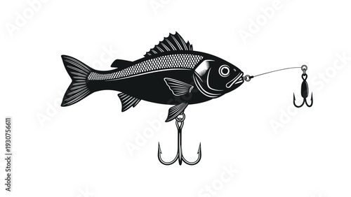 Detailed black and white engraving style illustration of a fish with two fishing hooks attached, one on its mouth and one below.