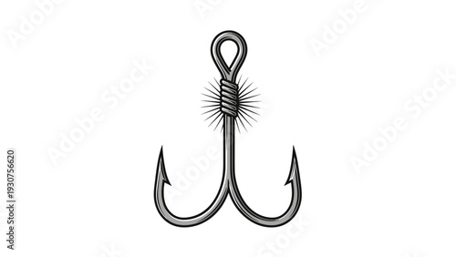 Highly detailed gray metal treble fishing hook with a wire wrapped eye and fine lines radiating from the center on white.