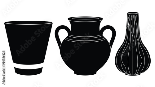 Set of three solid black pottery silhouettes including a tapered cup, a wide jar with handles, and a tall thin textured vase.