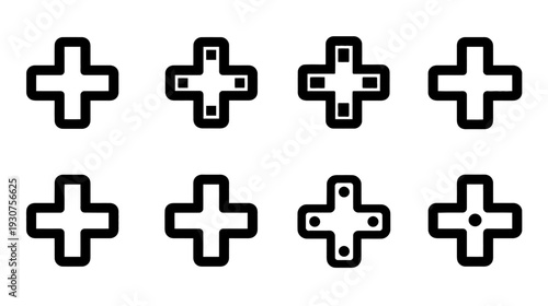 Set of plus sign vector icons. Graphic collection of various addition, medical cross, and positive symbols for UI, web, and app design.