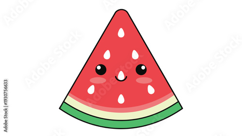 Smiling cartoon watermelon slice character with big eyes pink cheeks and white seeds isolated on a plain white background.