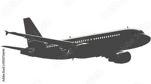 Commercial passenger jet airplane silhouette isolated on white background, vector graphic illustration for air travel and aviation design