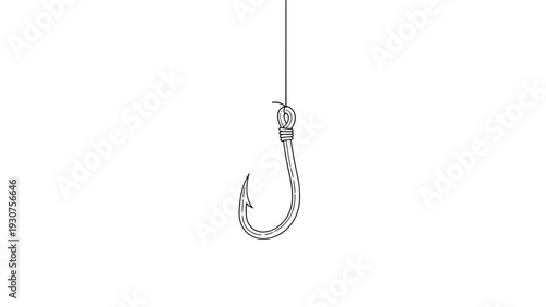 Minimalist black and white line drawing of single fishing hook hanging from a fishing line for sport fishing concepts.