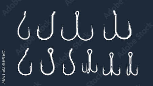 Comprehensive collection of various fishing hook types and styles illustrated in white lines on a dark blue background for anglers.