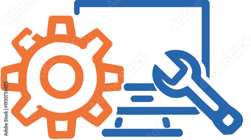 Technical Support, Computer Repair & IT Service Icon with Monitor, Gear, and Wrench. System Maintenance and Configuration Graphic