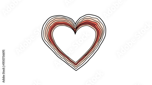 Multi layered heart shape with various shades of red and pink borders isolated on a white background for romantic designs.