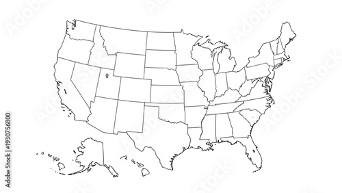 Detailed outline map of the united states of america with all state borders shown on a plain white background for educational use.