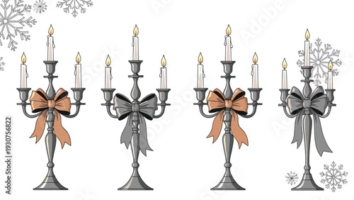 Elegant set of four silver candelabras decorated with ribbons and lit candles on a white background with snowflakes.