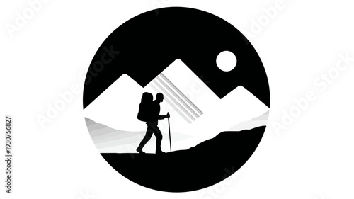Mountain hiking adventure icon, black and white circular symbol of a backpacker exploring nature with trekking poles and sun