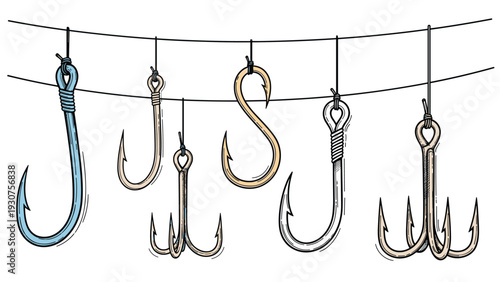 Row of various vintage style fishing hooks in different colors and shapes hanging from fishing lines on a white background.