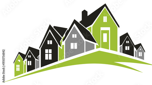 Modern houses with green accents on a stylized hill, representing real estate, community, and eco-friendly living. Vector icon.