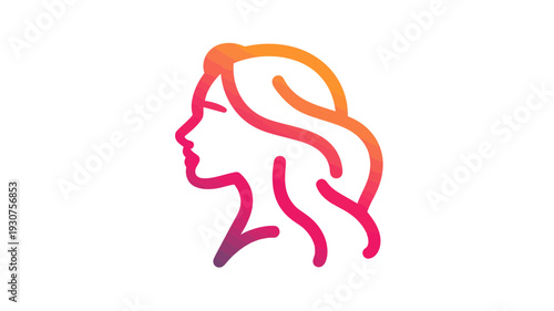 Abstract gradient line art woman profile icon. Stylized female face silhouette with flowing hair for beauty, wellness, or fashion design.