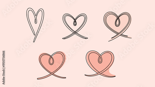 Five hand drawn stylized heart icons in various pink tones with black outlines for romantic and feminine designs.