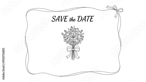 Decorative border with a hand drawn flower bouquet and text save the date for wedding and event invitation designs.