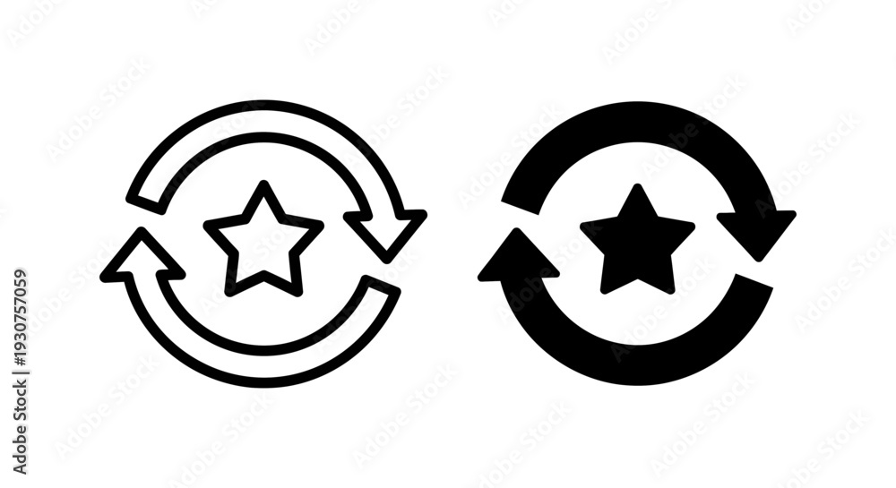 Obraz premium Loyalty and repetition: Star icon within circular arrows symbolizing rewards, feedback, favorites, and ongoing processes. Versatile icons.