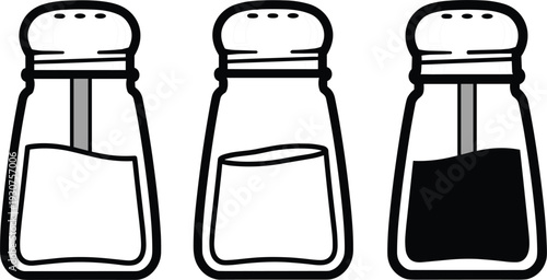 Salt and Pepper Shaker Vector Illustration Set with Glass Condiment Bottles Kitchen Seasoning Containers and Outline Tableware Icons
