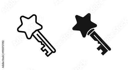 Key icon with star handle, symbolizing a solution, access, secret, success, or unlocking potential. Outline and solid fill variations.