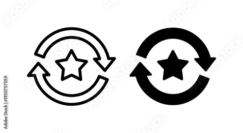 Loyalty and repetition: Star icon within circular arrows symbolizing rewards, feedback, favorites, and ongoing processes. Versatile icons.