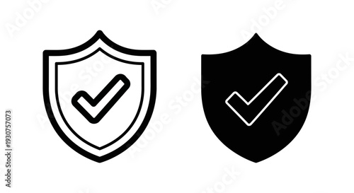 Shield Icons with Checkmarks, Offering Security, Protection, and Verification in Outline and Solid Black