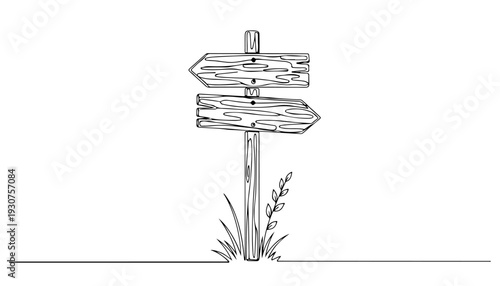 Single continuous line drawing of a wooden signpost with two directional arrows in the grass