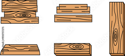 Wooden Plank Vector Illustration Set with Flat Lumber Boards Timber Texture and Stacked Wood Beams Isolated on White