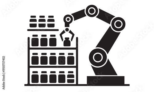 Automated robotic arm placing jars on shelves in a factory, representing efficient production and industry