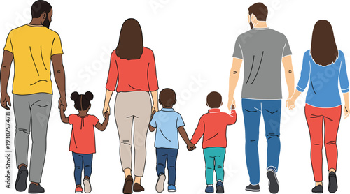 Back View Vector Illustration of Diverse Happy Families with Children Walking Together Hand in Hand Isolated on a White Background