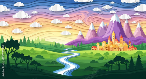 Fantasy landscape with a winding river and a distant city.