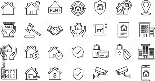 Real Estate Property Management Line Icons Set with Rent, Sale, Mortgage, Home Security, Investment, Contract and Residential Building Concepts