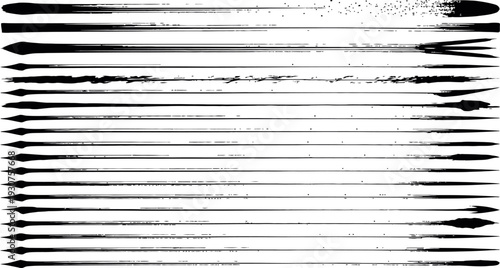 Brush strokes set, collection of black ink lines and hand drawn paint textures for graphic design and artistic backgrounds.