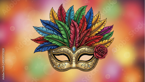 Ornate Venetian Masquerade Mask with Colorful Feathers and Rose Detail.