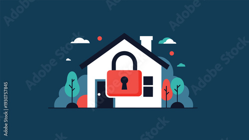 Home security and protection concept featuring a simple white house with a large red padlock on a dark blue background with stylized trees.