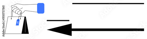 Retail concept. A hand holding a shopping bag with a price tag and black directional arrows retail, e-commerce, shopping processes, and marketing strategies. For sales, commerce, branding, marketing