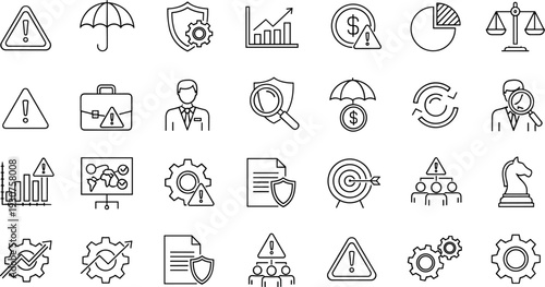 Risk Management and Financial Protection Line Icons Set with Insurance, Compliance, Audit, Business Strategy, Warning, Security and Investment Concepts