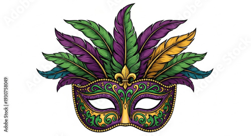 Ornate Mardi Gras Mask with Colorful Feathers and Gold Accents.