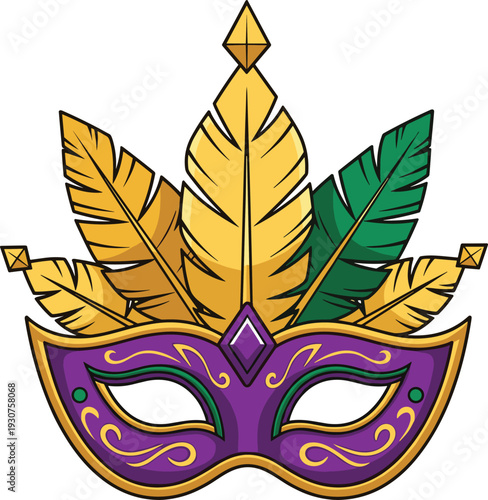 Purple Mardi Gras masquerade mask vector with gold and green feathers, festive carnival celebration, ornate party decor, decorative venetian costume.