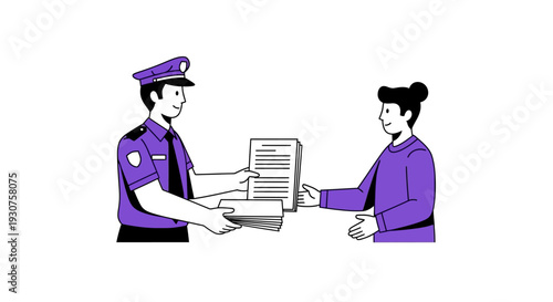 Police officer handing woman documents.