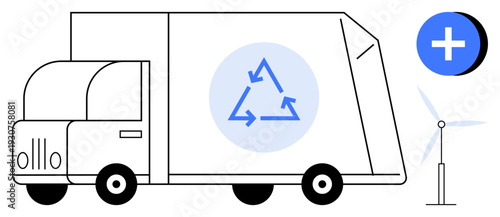 Recycling concept. Recycling truck with eco symbol promoting sustainable practices. Recycling aligned with renewable energy elements for waste reduction. Recycling for eco-conscious industries
