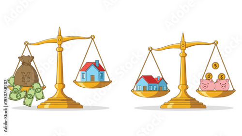 Comparative scales showing real estate value against bags of money and personal savings represented by piggy banks on a white background.
