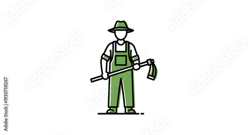 Man in green overalls holding axe.