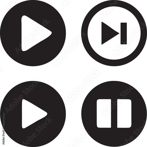 Media player controls vector icons set. play, pause, next track buttons, circle shapes