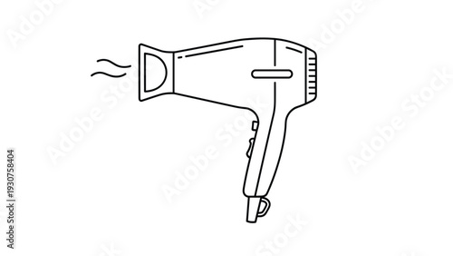 Minimalist black and white line art illustration of a hair dryer with warm air waves for grooming and beauty concepts on a white background.